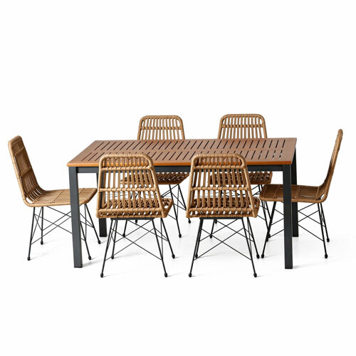 Salon De Jardin 6 Places Avec Table En Bois Naturel Et Chaises En Résine Tressée Bago