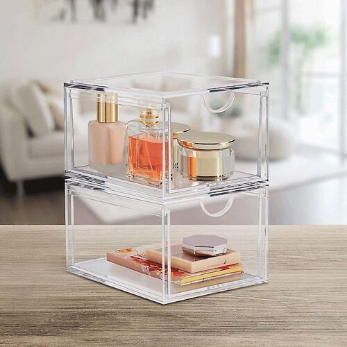 Organisateur De Maquillage Empilable En Acrylique Transparent - Rangement De Coiffeuse À 2 Tiroirs Pour Cosmétiques Et Accessoires 