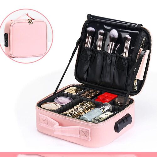 Organisateur de voyage cosmétique rose avec serrure à combinaison, compartiments ajustables et conception étanche