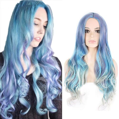 Perruque Lolita Longue Et Bouclée, Dégradée Bleu-Gris Enchanteur, Avec Queues De Cheval 