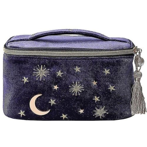 Trousse de toilette grande capacité en velours bleu-violet avec imprimé étoiles et lune - Organisateur de voyage portable
