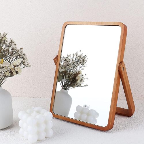 Miroir de maquillage rectangulaire en bois naturel, petit modèle, avec rotation à 360° - Idéal pour la décoration intérieure et les voyages