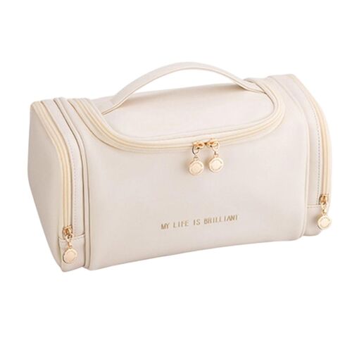 Trousse De Toilette Et De Cosmétiques Grande Capacité En Cuir Pu Pour Femme, Avec Deux Poches Latérales. 