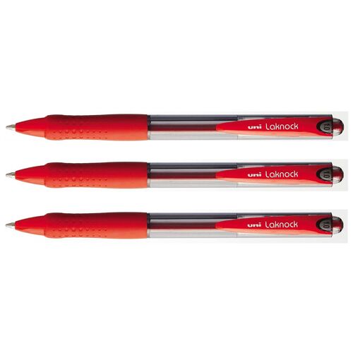 Uni-Ball Lot De 3 Stylos Bille Laknock Sn100/10 Rétractable Grip Pointe Moyenne 1mm Rouge