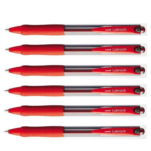 Uni-Ball Lot De 6 Stylos Bille Laknock Sn100/10 Rétractable Grip Pointe Moyenne 1mm Rouge