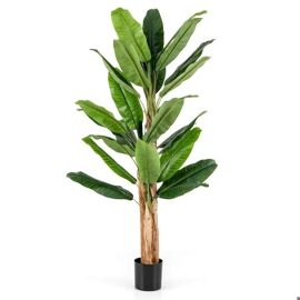 COSTWAY Bananier Artificiel de 195 cm Tiges Triples 27 Grandes Feuilles, Plante Verte en Pot, Décoration de Maison, Salon, Bureau