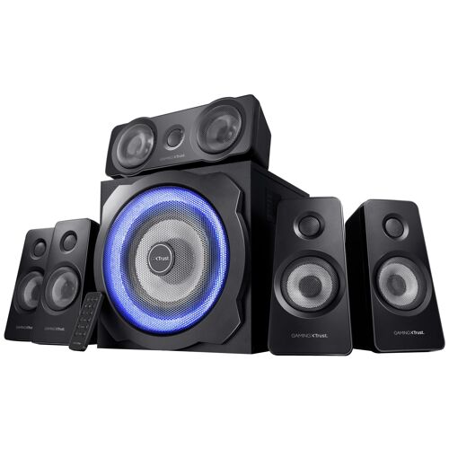 Trust Gaming GXT 658 Tytan Enceinte PC Gamer 5.1, avec Caisson de Basses pour Ordinateur (180 Watt), LED Lumineuse, Télécommande sans Fil, Enceinte pour PC, Ordinateur Portable - Noir/Bleu