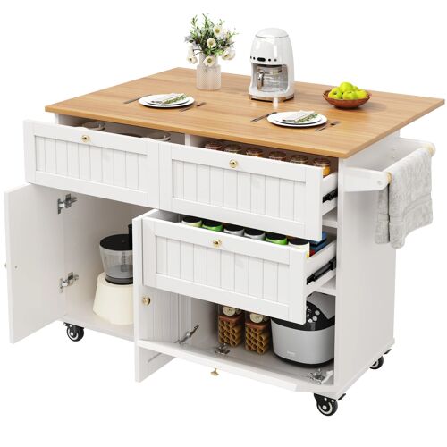 Ilot de Cuisine Extensible,Buffet Cuisine avec 3 tiroirs & Portes,Design moderne,133 x 37.3(70) x 88cm,Blanc