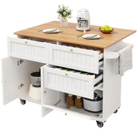 Ilot de Cuisine Extensible,Buffet Cuisine avec 3 tiroirs & Portes,Design moderne,133 x 37.3(70) x 88cm,Blanc