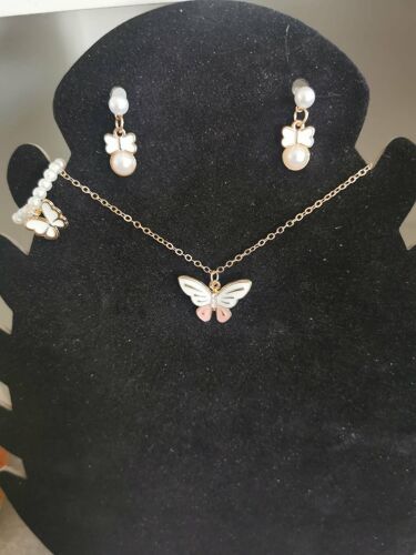 Parure Papillons Boucles D'Oreilles Bracelet Bague Et Collier