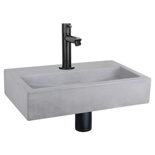 Differnz Set Lavabo Plat 38x24x7 cm ¿ Vasque en Béton Gris Clair Avec Robinet ¿ Robinet Droit Eau Froide Noir Mat ¿ Avec Bonde et Siphon ¿ Lavabo WC Rectangulaire ¿ Design Moderne