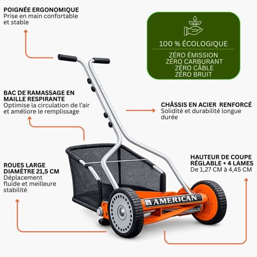 VENTEO Pack Tondeuse Hélicoïdale Manuelle 4 Lames avec Bac | Tondeuse Manuelle Coupe Hélicoïdale Sans Électricité | Tondeuse a Gazon et Bac de Ramassage Amovible | Entretien Gazon Silencieux