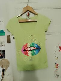 Tee Shirt Vert Clair Motif Multicolore 32 Xxs Louise Fd.