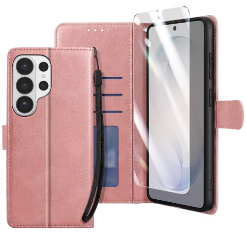 Étui Portefeuille pour Galaxy S26 Ultra avec Verre Trempé et Dragonne Enkay Rose