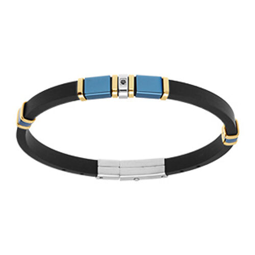 Bracelet Acier Et Doré Caoutchouc Noir Pvd Bleu 1 Oxyde Noir 21.5cm Régalble 20cm Et 18.5cm