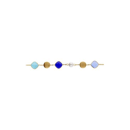 Bracelet Acier Doré Pastilles Doré Carré Oeil De Chat Imitation Bleu Et Perle Blanche Imitation 16+3cm
