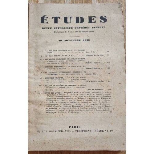 Études, Revue Catholique D’Intérêt Général Du 20 Novembre 1929