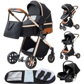 Yazoco - Poussette 3 En 1 Bébé Poussette Combinée Siège-Auto Nacelle Trio Réversible Réglable Haute Qualité Roues Noir