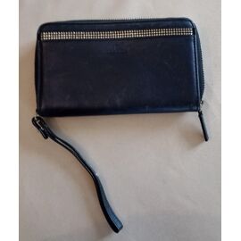 Portefeuille Zippé Swarovski en Cuir Marine - Clous/Strass & Intérieur Papillons!