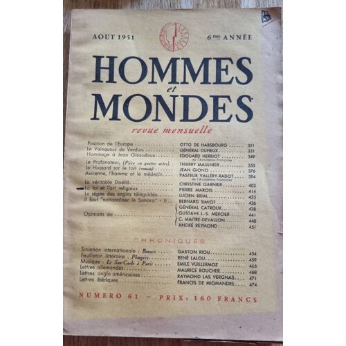 Hommes Et Mondes N°61 De Août 1951, 6ème Année