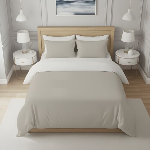Housse De Couette Bicolore En Coton 57 Fils 260x240 Cm Uni Lin Et Blanc, Par Soleil D'ocre