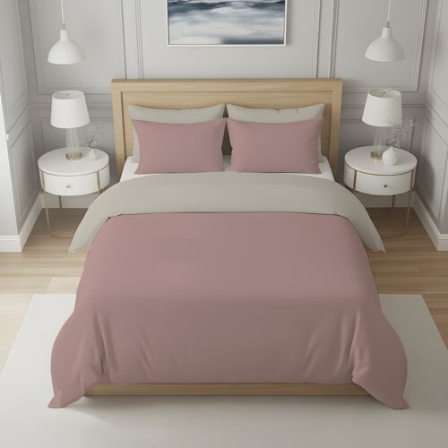 Housse De Couette Bicolore En Coton 57 Fils 260x240 Cm Uni Lin Et Vieux Rose, Par Soleil D'ocre