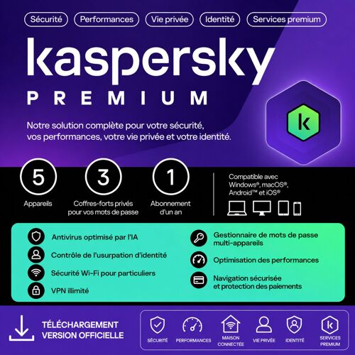 Kaspersky Premium 2026 - 5 Devices 1 Year | Pc Mac Android Ios | Licence Officielle Eu | Clé Digitale Envoi Rapide