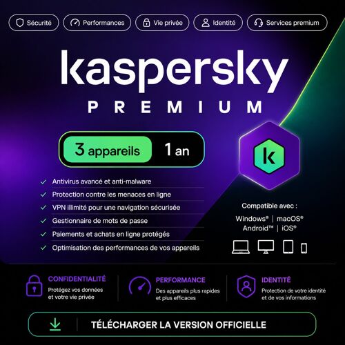 Kaspersky Premium 2026 - 3 Devices 1 Year | Multidevice Pc Mac Android Ios | Clé Digitale | Livraison Rapide