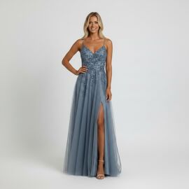 Robe De Soirée Bleue Longue À Paillettes – Fente Haute – Taille S