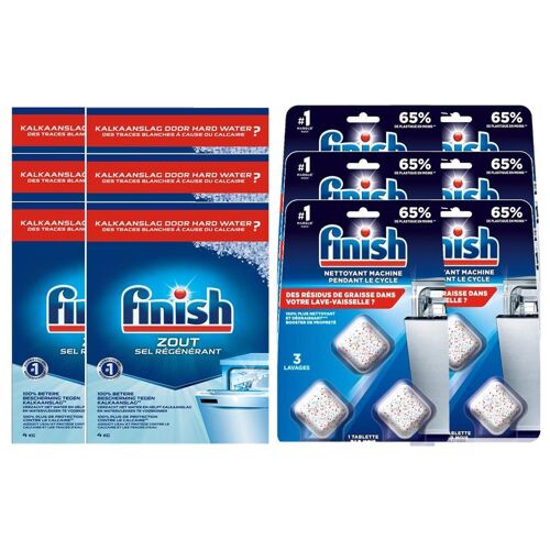 FINISH Lot de 3 Sels Regénérant 2x4kg + Nettoyant machine pendant le cycle 2x3