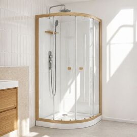 Cabine de Douche 1/4 de cercle 90x90x200/230cm Effet Bois et Fonds Blancs - Receveur Bas