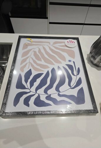 #cadre deco design feuilles bleu et beige neuf