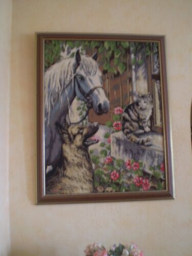 Canevas Tableau Tapisserie encadré * Cheval Chien et Chat 1980