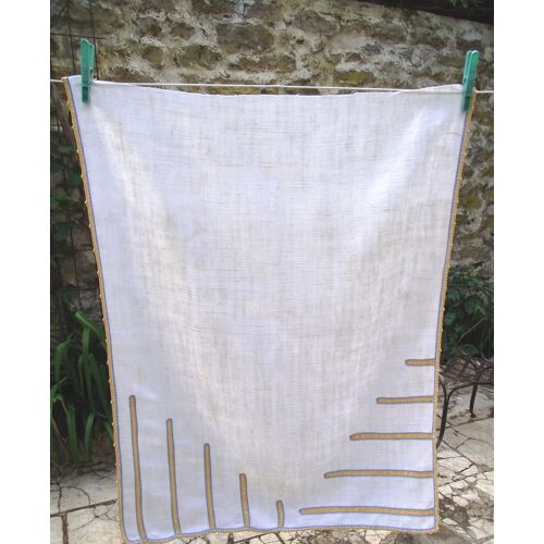 Tissu en lin ancien année 1930 Broderie main art déco jaune et bleue pour créations couture . dimensions Hauteur 72,5 cm Largeur 57 cm Points de broderie employés : point de chausson ,point de chainet