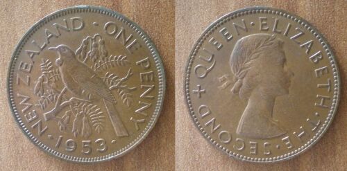 Nouvelle Zelande 1 Penny 1953 Piece Oiseau Reine Elizabeth 2 Florint Dollars Dollar