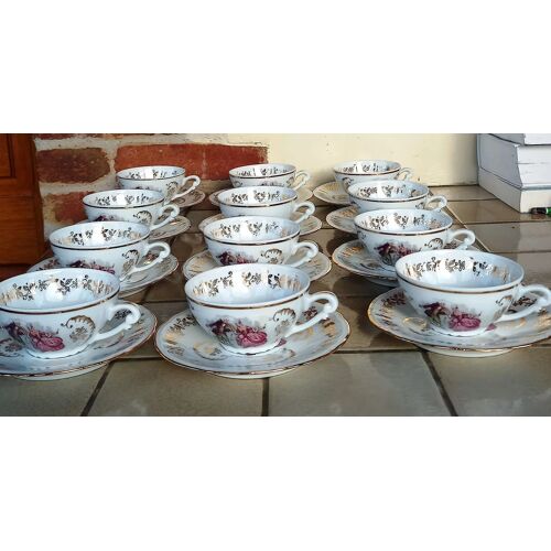 Service Thé Ou Café : 24 Pièces 12 Personnes : Tasses Et Sous Tasses En Porcelaine Vintage Cie Nationale Berry Cp Haute Porcelaine , Scènes Romantiques Fragonard 18ème Siècle - Années 40/60 France