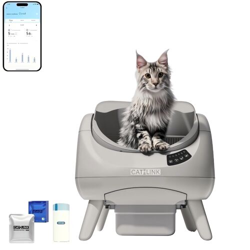 Bac À Litière Automatique Catlink C08 Open-X Lite – Conception Ouverte, Autonettoyante, Contrôle Par Application, Contrôle Des Odeurs, Système De Capteurs De Sécurité, Bac À Déchets De 12 L