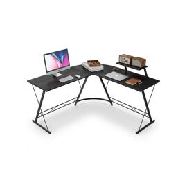 Bureau d¿angle en forme de L noir pour gaming scolaire avec étagère, plateau MDF 129 x 46 x 74 cm, piètement métal 150 kg