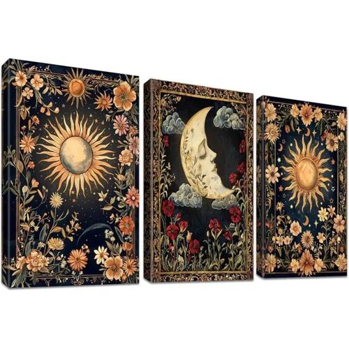 Triptyque sur toile bohème gothique Soleil et Lune lot de 3 panneaux 50x70 cm cadre en bois style décoration murale salon chambre