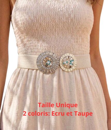 Ceinture Femme Élastique Ecru - Boucle Dorée & Coquillage - Taille Unique