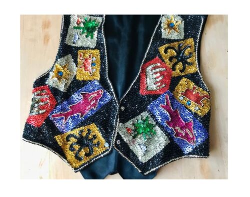 Veste A Sequins Brodé Gilet Paillette Bolero Coloré Taille M Jacket Strass Spenceur Brillant Pierres Couleur Boutonnage Pression Fermoire Pour Look Oriental Exotic Tenue Soirée Cocktail Chic Fantaisie