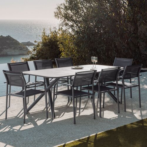 Set De Table Rectangulaire 200x95 Cm En Aluminium Brinela Et 8 Chaises De Jardin Empilables Avec Accoudoirs En Aluminium Olenia Gris Graphite