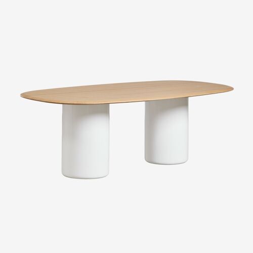 Table à manger ovale en MDF et ciment Lysander Marron Chêne Blanc brillant 220 x 110 cm