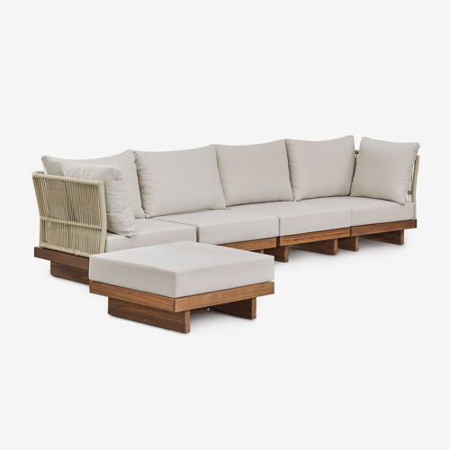 Canapé modulaire Dailin 4 pièces avec 2 fauteuils d'angle et pouf en bois d'acacia Brun Acacia