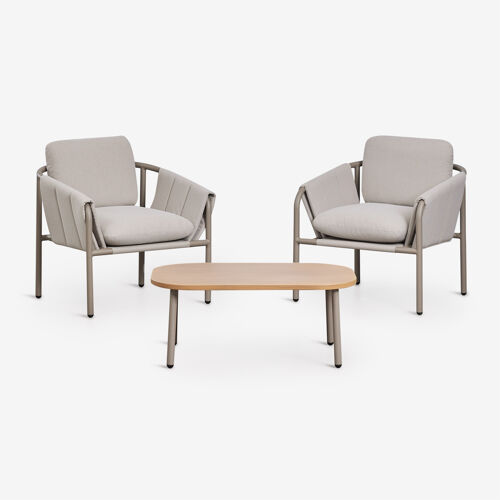 Ensemble De Jardin Avec 2 Fauteuils Rembourrés Et Table Basse En Acier Zunika Moka Brown