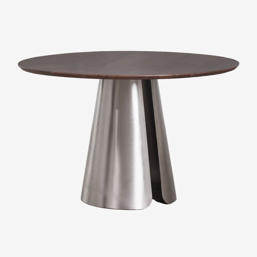 Table de salle à manger ronde Ø120 cm en acier inoxydable Baelor Poignée en bois foncé