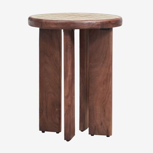 Table d'appoint ronde Ø40 cm en bois d'acacia et carreaux Aitana Tapioca Beige - Brun Acacia foncé