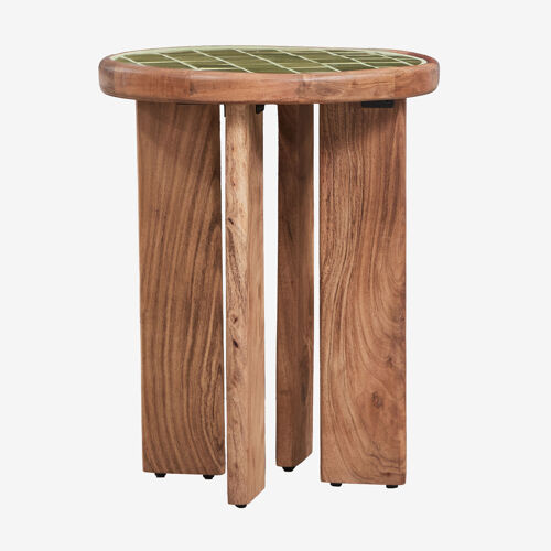 Table d'appoint ronde Ø40 cm en bois d'acacia et carreaux Aitana Vert Melon - Marron Acacia