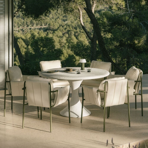 Set De Table Ronde Ø120 Cm En Ciment Eloria Et 6 Chaises De Jardin Avec Accoudoirs, Rembourrées Et En Acier Zunika Vert Olive Intense