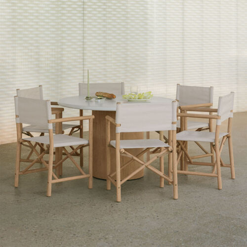 Set De Table Ronde Ø120 Cm En Ciment Sharpay Et 6 Chaises De Réalisateur Pliantes De Jardin En Bois D'acacia Olivia Acacia Marron Clair